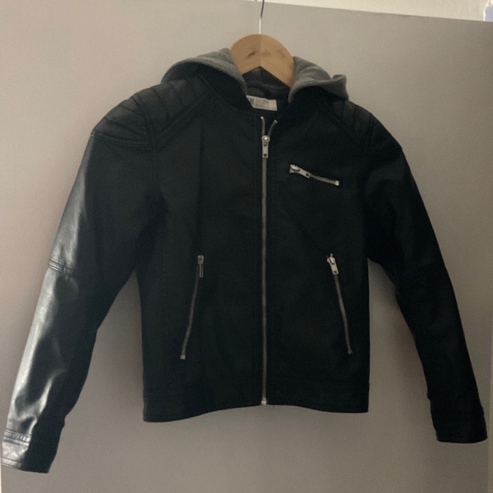 H&M faux leather jacket.Detachable sweatshirt hood